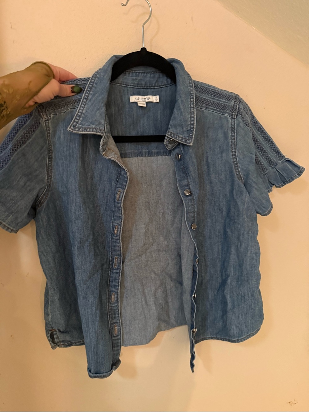Chico's Denim Short-Sleeve Button-Front Shirt in Light Blue